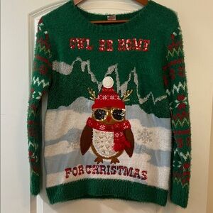 Holiday Time Sweater with Owl and Red Accents “Owl Be Home for Christmas”